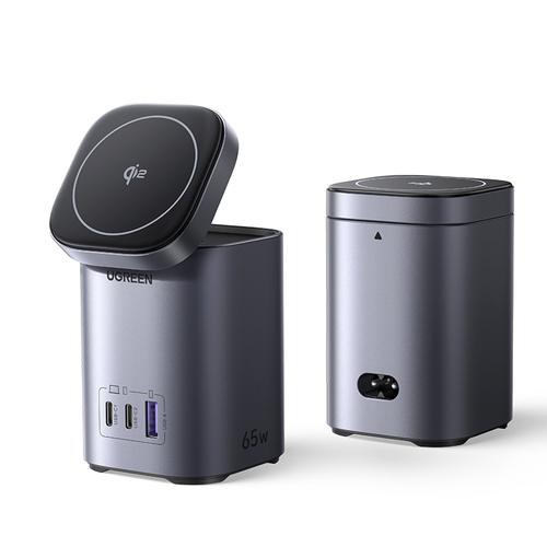 Statie de incarcare UGREEN Nexode 65W GaN, 15W Qi2 Wireless Stand, 1x USB-A, 2x USB-C, Gri