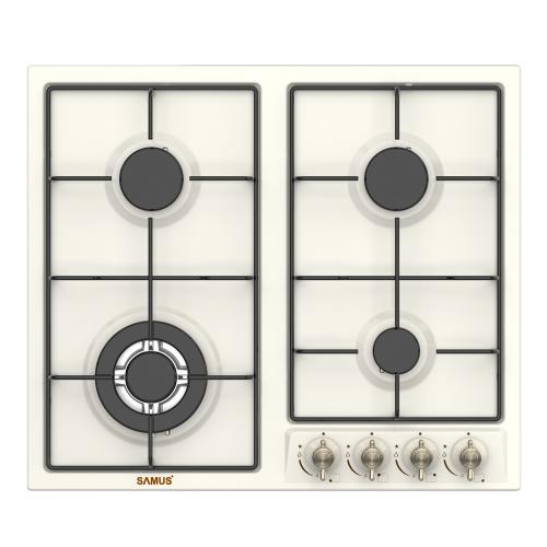 Plita incorporabila rustica SAMUS PSG-64VS3, Gaz, 4 arzatoare, Wok, Gratare metalice, Aprindere electrica, 58 cm (Bej)