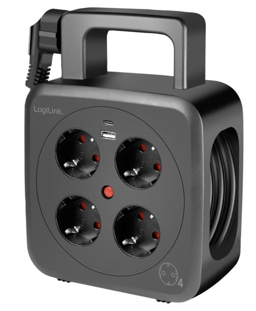 Prelungitor cu tambur Logilink LPS504, 4 prize, 1x USB-C PD 3.0, 1x USB-A QC 3.0, protectie la suprasarcina, IP20, H05VV-F 3G 1.5 mm², 5 m (Negru)