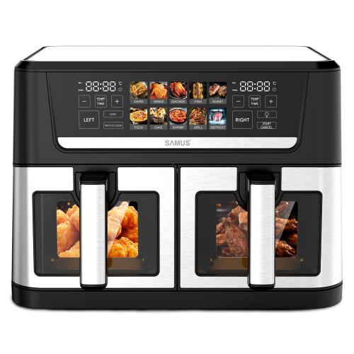 Friteuza dubla cu aer cald Samus AF12TWIN-S2800DW, 12 l, 2800 W, Afisaj electronic color, Timer 0-60 minute, 10 programe (Negru/Inox)
