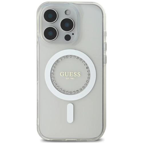 Husa Guess Rhinestones Ring MagSafe iPhone 16 Pro Max, Alb