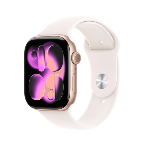 Smartwatch Apple Watch 11, GPS, 46mm, Ecran Retina LTPO OLED, Chip S10 cu Procesor Dual-Core, 64GB Flash, Wi-Fi, Bluetooth, Carcasa Aluminiu, Curea Sport Band S/M (Auriu)
