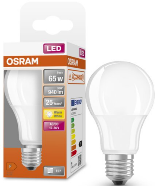 Bec LED Osram Classic A60, E27, 12-36V AC/DC, 9W (65W), 940 lm, lumina calda (2700K), nu functioneaza la 220-240V