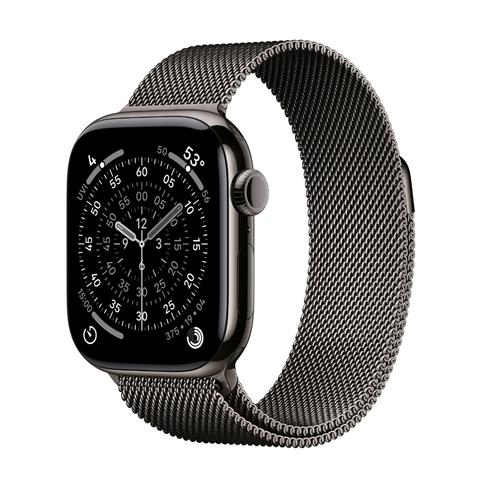 Smartwatch Apple Watch 11, GPS + Cellular, 46mm, Ecran Retina LTPO OLED, Chip S10 cu Procesor Dual-Core, 64GB Flash, Wi-Fi, Bluetooth, Carcasa Titan, Curea Milanese Loop M/L (Gri)