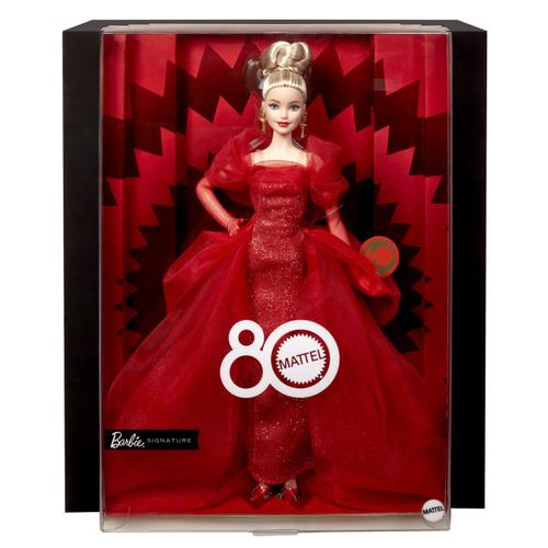 Papusa Barbie Signature - Aniversarea a 80 de ani, intr-o rochie festiva si par blond