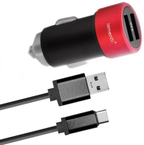 Incarcator Auto Lemontti LIA2UTCNR3A, 3.1A, 2 x USB, cablu Type-C (Negru/Rosu)