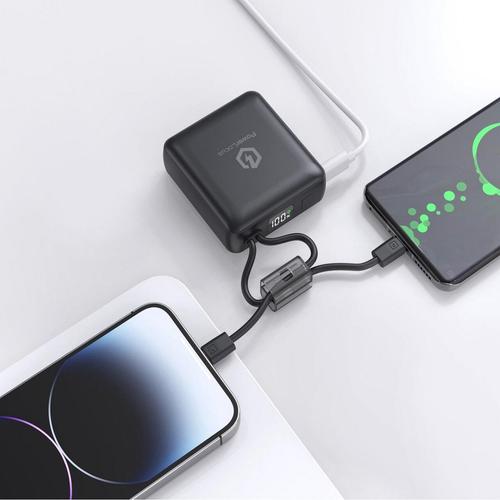 Acumulator extern PowerLocus PWL-POWERBANK10K-BLACK, 10000mAh, 20W PD Fast Charging, cabluri incorporate Type-C si Lightning (Negru)