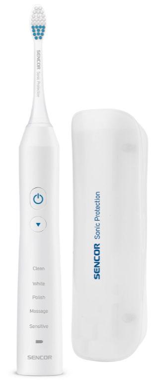 Periuta de dinti electrica Sencor SOC 3312WH, 48000 vibratii/min, Sterilizator UV, IPX7, Cronometru 2 min, 5 Programe, 2 Capete, Trusa de calatorie (Alb)