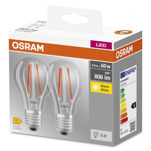 Set 2 Becuri LED Osram Base Classic A, E27, 6.5W (60W), 806 lm, lumina calda (2700K), cu filament