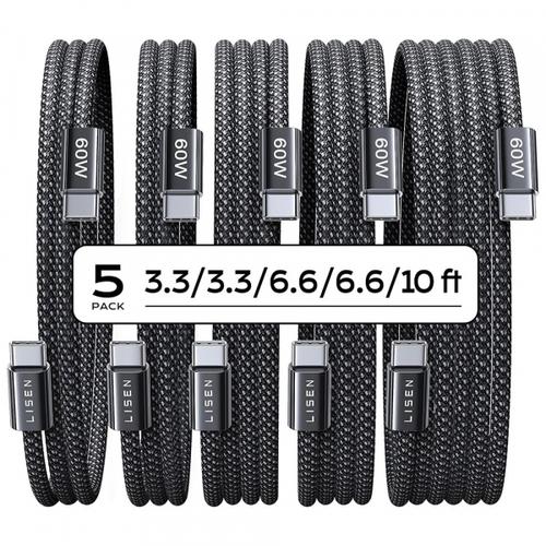 Cablu Date si Incarcare USB-C - USB-C Lisen YL0123070010, 60W,  2 x 1m, 2 x 2m, 1 x 3m, Set 5 bucati, Negru
