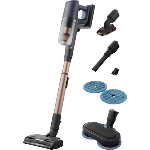 Aspirator vertical Electrolux Wet 800 EP82H25WET, Autonomie pana la 90 min, 25,2 V, 4000 mAh, putere aspirare 140 AW, ecran LCD, 3 viteze + Auto, 0,4 l, perie Turbo cu LED, perie mopping cu LED, stand incarcare pe podea (Albastru)