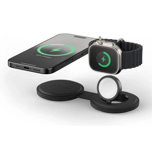 Incarcator Wireless Satechi ST-QTG21K 2 in 1 pliabil Qi2, pentru dispozitivele Apple, Magsafe, Statie de incarcare pentru Iphone, AppleWatch, AirPods, Samsung, OnePlus (Negru)
