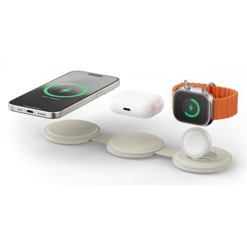 Incarcator Wireless 3 in 1 pliabil Satechi ST-QTG31W Qi2, pentru dispozitivele Apple, Magsafe, Statie de incarcare pentru Iphone, AppleWatch, AirPods, Samsung, OnePlus (Bej)