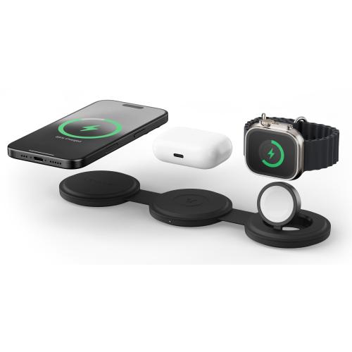 Incarcator Wireless 3 in 1 pliabil Qi2 Satechi ST-QTG31K, pentru dispozitivele Apple, Magsafe, Statie de incarcare pentru Iphone, AppleWatch, AirPods, Samsung, OnePlus (Negru)
