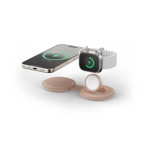 Incarcator Wireless 2 in 1 pliabil Qi2 Satechi ST-QTG21R, pentru dispozitivele Apple, Magsafe, Statie de incarcare pentru Iphone, AppleWatch, AirPods, Samsung, OnePlus (Roz)