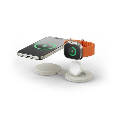 Incarcator Wireless 2 in 1 pliabil Qi2 Satechi ST-QTG21W, pentru dispozitivele Apple, Magsafe, Statie de incarcare pentru Iphone, AppleWatch, AirPods, Samsung, OnePlus (Bej)