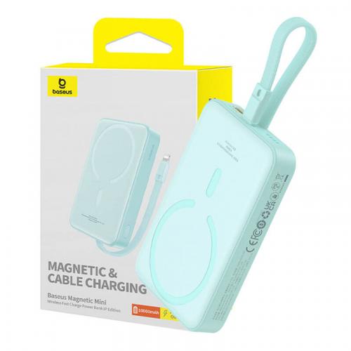 Baterie Externa Wireless Baseus Magnetic Mini, 10000mAh, 20W, PD + FQI, 1 x Lightning - 1 x QI - 1 x USB-C, P10022109333-00 (Verde)