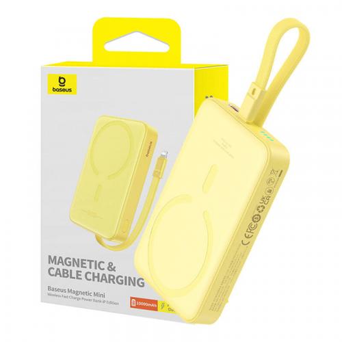 Baterie Externa Wireless Baseus Magnetic Mini, 10000mAh, 20W, PD + FQI, 1 x Lightning - 1 x QI - 1 x USB-C, P10022109Y23-00 (Galben)
