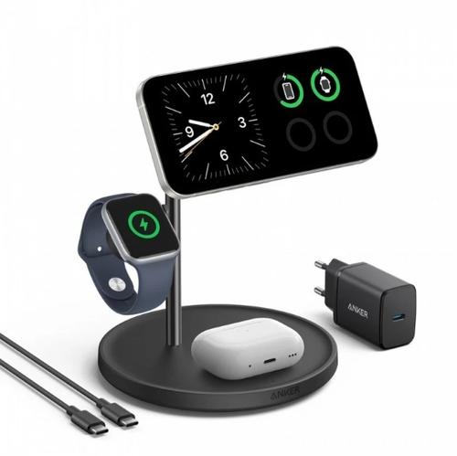 Stand incarcare wireless Anker B25M3312, MagGo 3-in-1, 15 W, fast charge, compatibl Apple, 1 x USB-C (Negru)