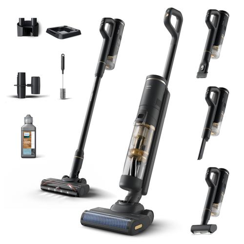Aspirator vertical 3-in-1 Philips AQUA TRIO Seria 7000 XW7264/11, tehnologie Aqua Spin 2500, Autonomie 30 minute, 160 W, tavita pentru auto-curatare, accesoriu pentru tapiterie/spatii inguste, mini perie turbo (Negru)