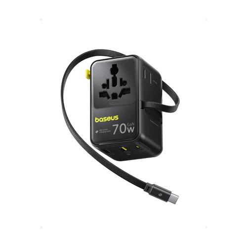Incarcator retea Baseus EnerCore CG11, 70W, adaptor universal de retea, 2 x AC, 2 x USB, 2 x USB Type-C, cablu retractabil USB Type-C (Negru)