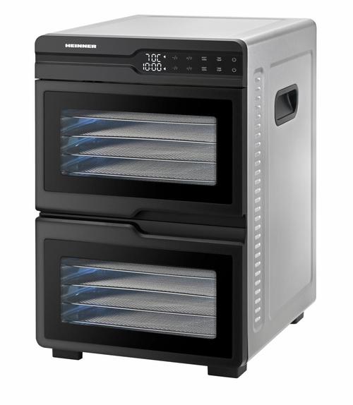 Deshidrator de alimente HEINNER HFD-KDDB1200BKSS, 1200 W, Display LED, 24 L, 12 tavi, Temperatura ajustabila 35-80 C, Timer (Inox)