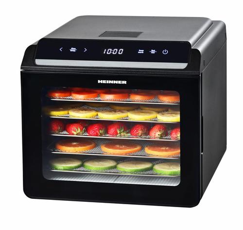 Deshidrator de alimente HEINNER HFD-KD600BK, 600 W, Led si Control Touch, 6 tavi, Temperatura ajustabila 35-75 C, Timer (Negru)