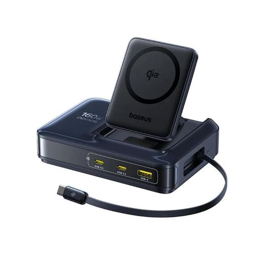 Incarcator retea tip statie Baseus Nomos NH21 5-in-1, 160W, Qi2 Wireless, 1 x USB, 3 x USB Type-C, cablu retractabil USB Type-C (Negru)
