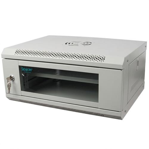 Cabinet 19″ SPACER 4U 500x450mm, fixare pe perete, Flatpack (dezasamblat), usa sticla cu blocare, panouri detasabile, otel 1mm, sarcina maxima 25Kg, contine un raft, Gri