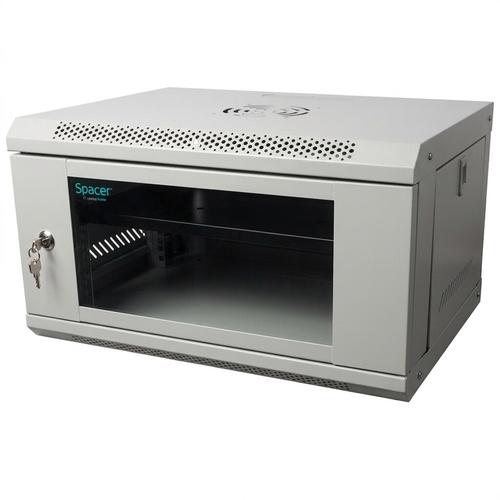 Cabinet 19″ SPACER 6U 500x400mm, fixare pe perete, Flatpack (dezasamblat), usa sticla cu blocare, panouri detasabile, otel 1mm, sarcina maxima 25Kg, contine un raft, Gri