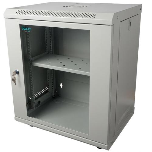 Cabinet 19″ SPACER 12U 500x400mm, fixare pe perete, Flatpack (dezasamblat), usa sticla cu blocare, panouri detasabile, otel 1mm, sarcina maxima 25Kg, contine un raft si roti, gri