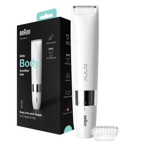 Mini aparat de tuns corporal Braun BS1000 Wet&Dry, cu pieptene de tuns, pe baterii (Alb)