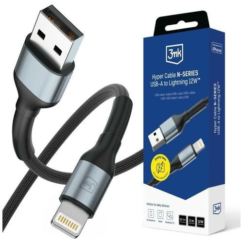 Cablu de date USB-A la Lightning 3MK Hyper N-SERIES, 2m, 12W, Negru