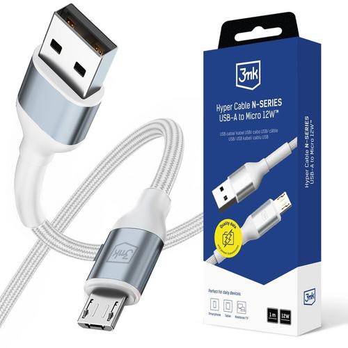 Cablu pentru incarcare si transfer de date 3mk Hyper N-SERIES, USB-A la Micro-USB, 12W, 2.4A, 1m, Alb