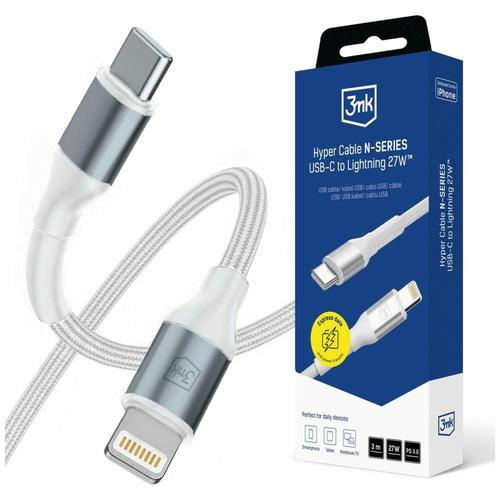 Cablu de incarcare 3MK Hyper N-SERIES, USB-C la Lightning, 27W, 3A, 3m, Alb