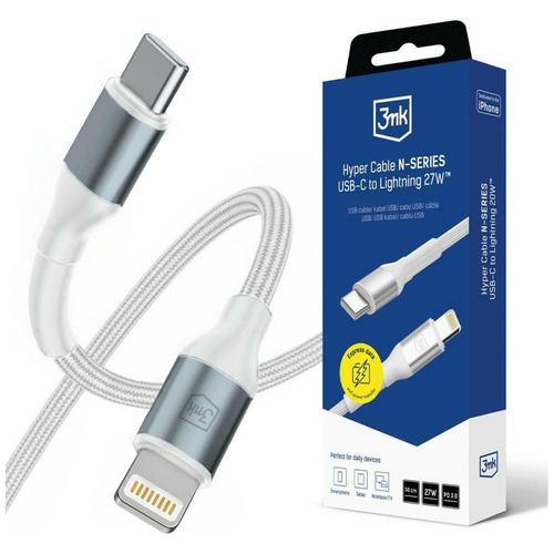 Cablu de incarcare si transfer de date 3MK Hyper N-SERIES, USB-C la Lightning, 27W, 0.5m, Alb