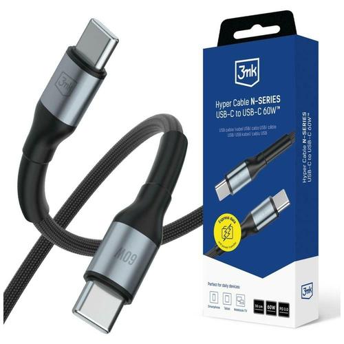 Cablu pentru incarcare si transfer de date 3mk Hyper N-SERIES, 2x USB-C, 60W, 3A, 0.5m, Negru