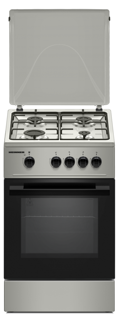 Aragaz HEINNER HFSC-K50SL, Gaz, 4 arzatoare, Duze GPL incluse, Tava si gratar cromat, 50 cm (Argintiu)