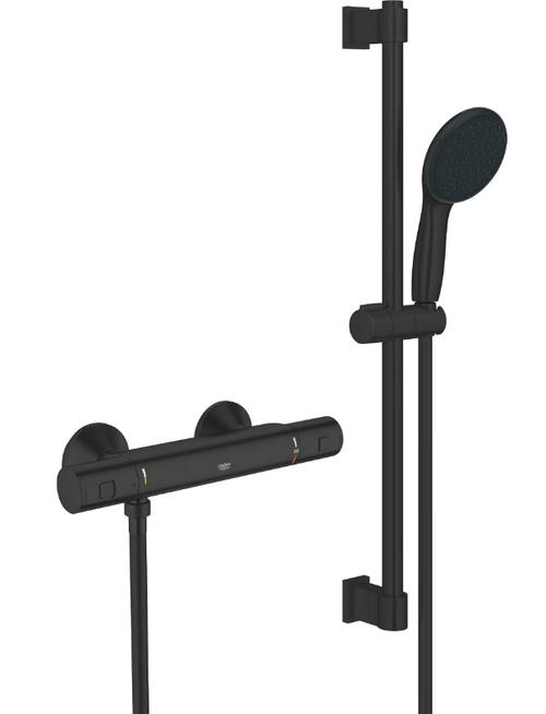 Baterie dus Grohe Precision 345972431, aparenta, termostat, coloana dus, 600 mm, 2 functii, mat, Negru