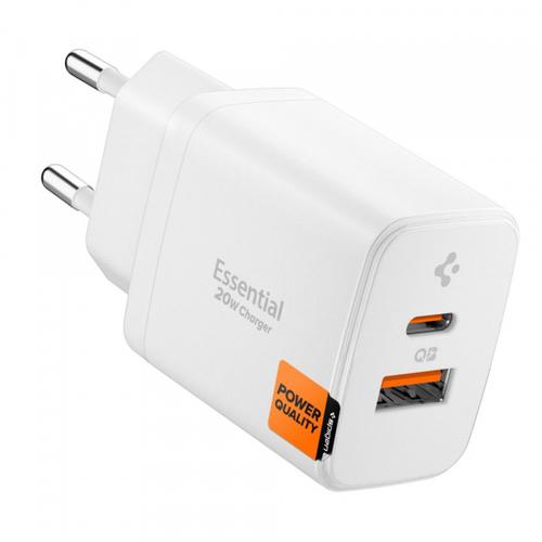Incarcator Retea Spigen Essential, 20W, 3A, 1 x USB-A - 1 x USB-C, ACH08704 (Alb)