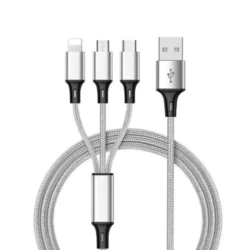 Cablu Lemontti 3 in 1 USB la Lightning, MicroUSB si Type-c, 1m, impletitura textila, Gri