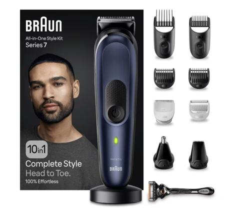 Aparat de ras si tuns Braun 10-in-1 Style Kit MGK7421, Autonomie 100 minute, 13 setari lungime, Rezistent la apa (Albastru)