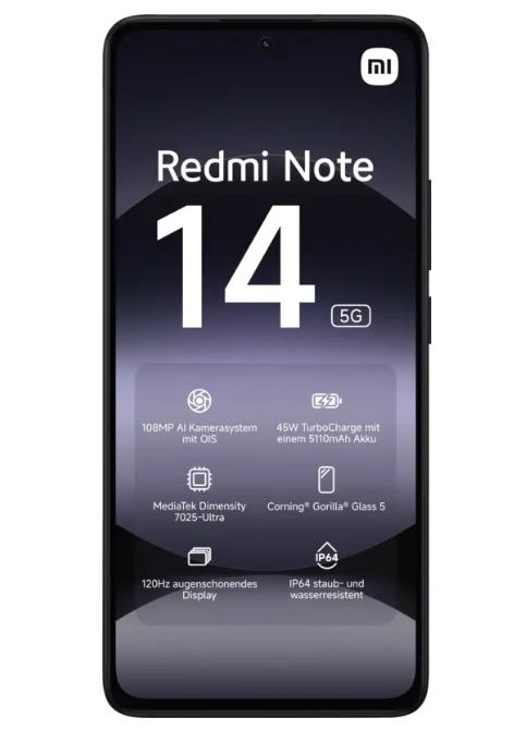 Telefon Mobil Xiaomi Redmi Note 14 5G, Procesor Mediatek Dimensity 7025 Ultra Octa-Core, AMOLED 6.67inch, 8GB RAM, 256GB Flash, Camera Tripla 108+8+2 MP, Wi-Fi, 5G, Dual Sim, Android (Negru)