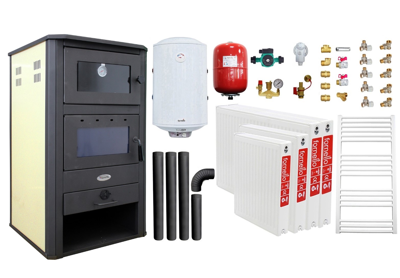 Pachet incalzire si apa calda pentru 3 camere Termosemineu pe lemne, brichete si carbune Fornello MILANO E, 24 KW, cuptor, Ivory, 580x560x1060 mm, boiler termoelectric 100l, vas expansiune, pompa circulatie, calorifere, kit evacuare si kit 