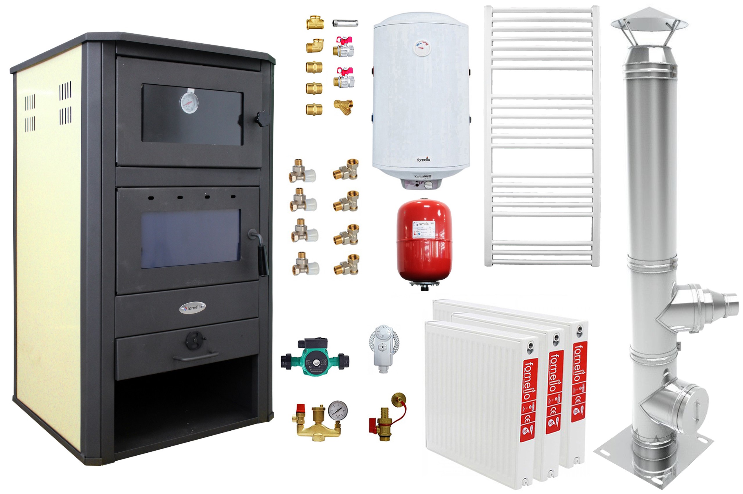 Pachet incalzire si apa calda pentru 2 camere Termosemineu pe lemne, brichete si carbune Fornello MILANO E, 24 KW, cuptor, Ivory, 580x560x1060 mm, cos inox, boiler termoelectric 100l, vas expansiune, pompa circulatie, calorifere si kit mont