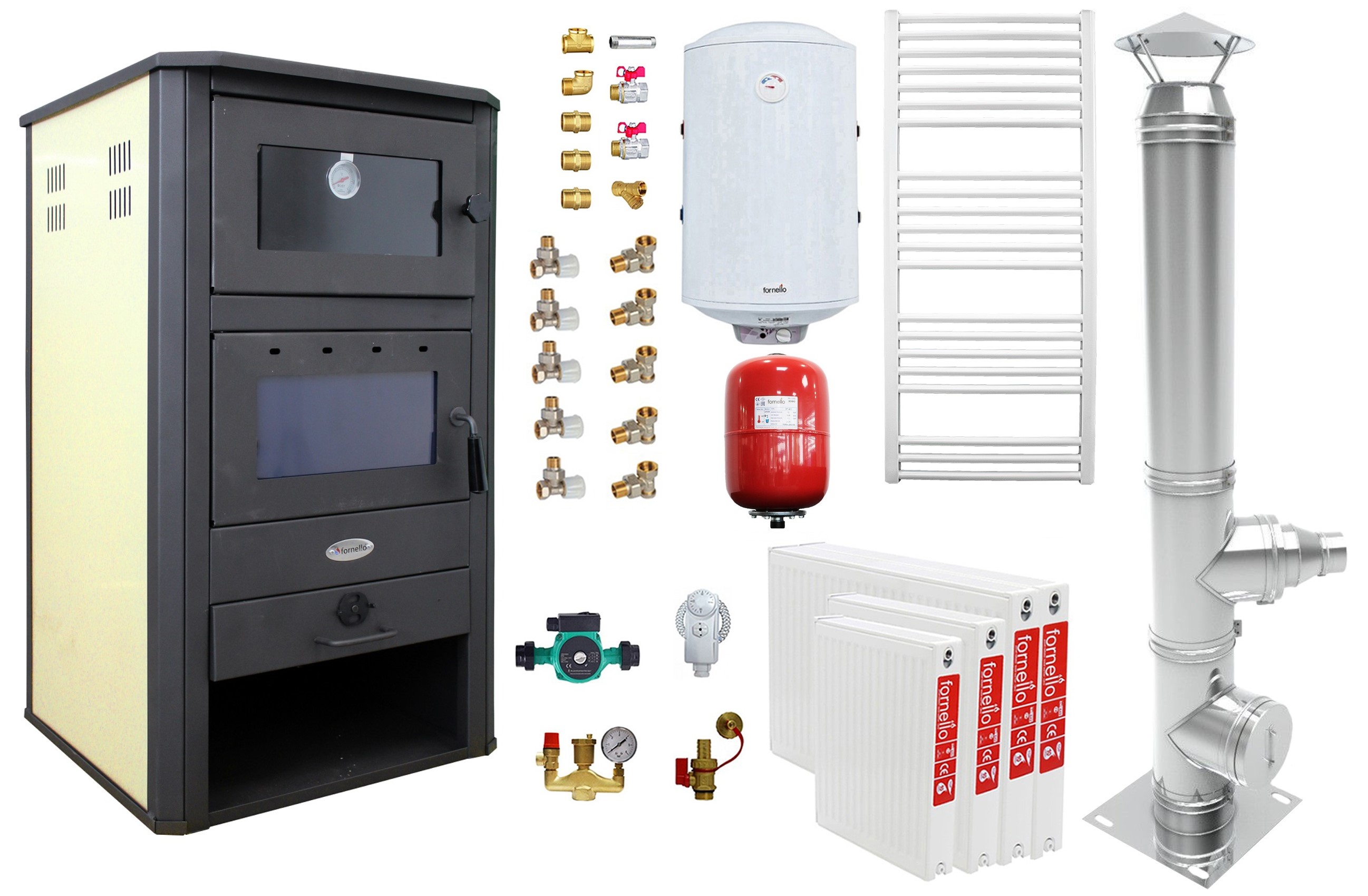 Pachet incalzire si apa calda pentru 3 camere Termosemineu pe lemne, brichete si carbune Fornello MILANO E, 24 KW, cuptor, Ivory, 580x560x1060 mm, cos inox, boiler termoelectric 100l, vas expansiune, pompa circulatie, calorifere si kit mont
