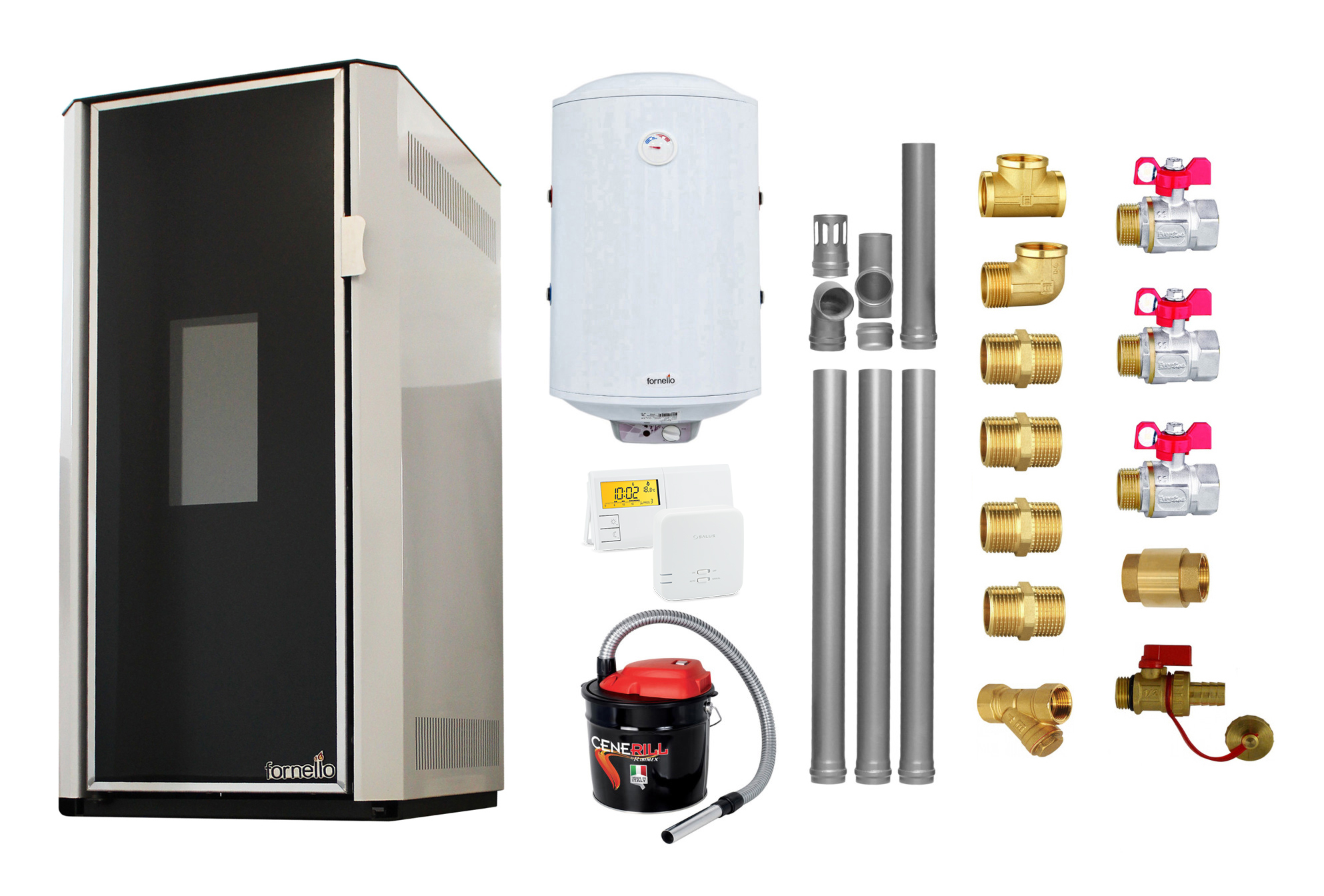Pachet Termosemineu pe peleti Fornello Lidya 25 kW, pompa Grundfos, vas expansiune, arzator inox, curatare mecanica arzator si drumuri de fum, A+, Kit evacuare 3.5 ml, Boiler Fornello 100 l, Termostat Salus 091FLRFV2, Aspirator si Kit monta