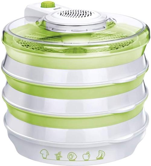 Deshidrator alimente MPM MSG-06, 400 W, 6 site, 30 cm, 2 trepte flux aer, Pliabil, Fara BPA (Alb/Verde)