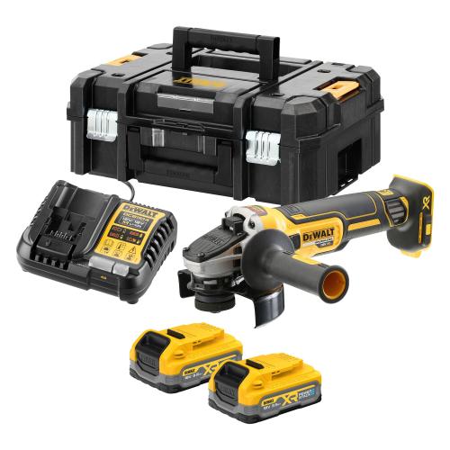 Polizor unghiular (flex) pe acumulator DeWALT DCG405S2T, 18V XR, brushless, 9000 RPM, diametru disc 125 mm, 2x acumulator Li-Ion 3.5 Ah POWERSTACK, frana electronica, ambreiaj electronic, profil ingust, deflector de praf, cutie, incarcator 