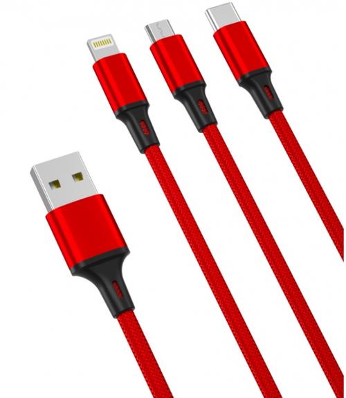 Cablu Incarcare USB-A - Lightning / microUSB / USB-C XO Design NB173 3in1, 18W, 1.2m, Rosu